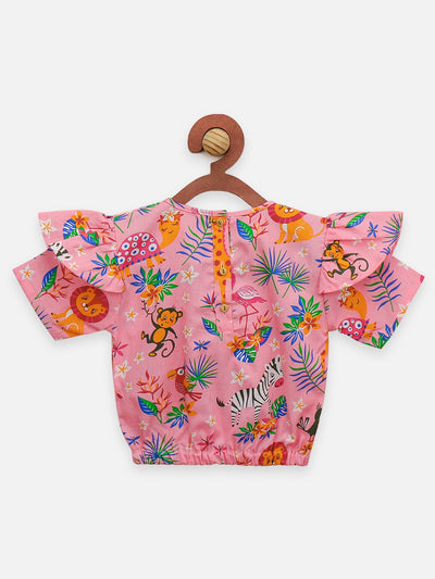 Lilpicks Floral Short Sleeve Top And Polka Denim Dungaree Set