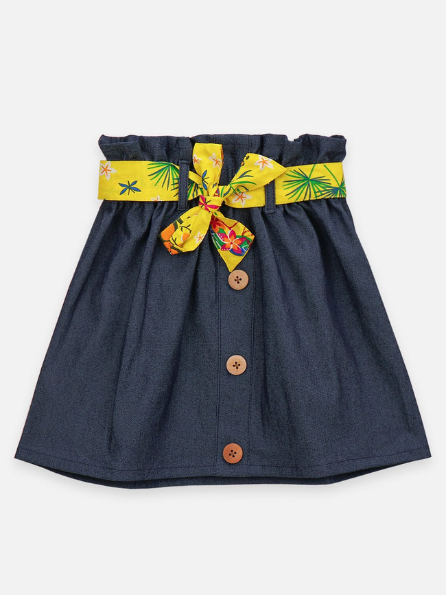 Lilpicks Yellow Funky Jungle Print Sleevless Top And Denim Skirt set