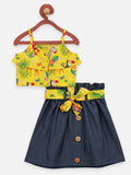 Lilpicks Yellow Funky Jungle Print Sleevless Top And Denim Skirt set
