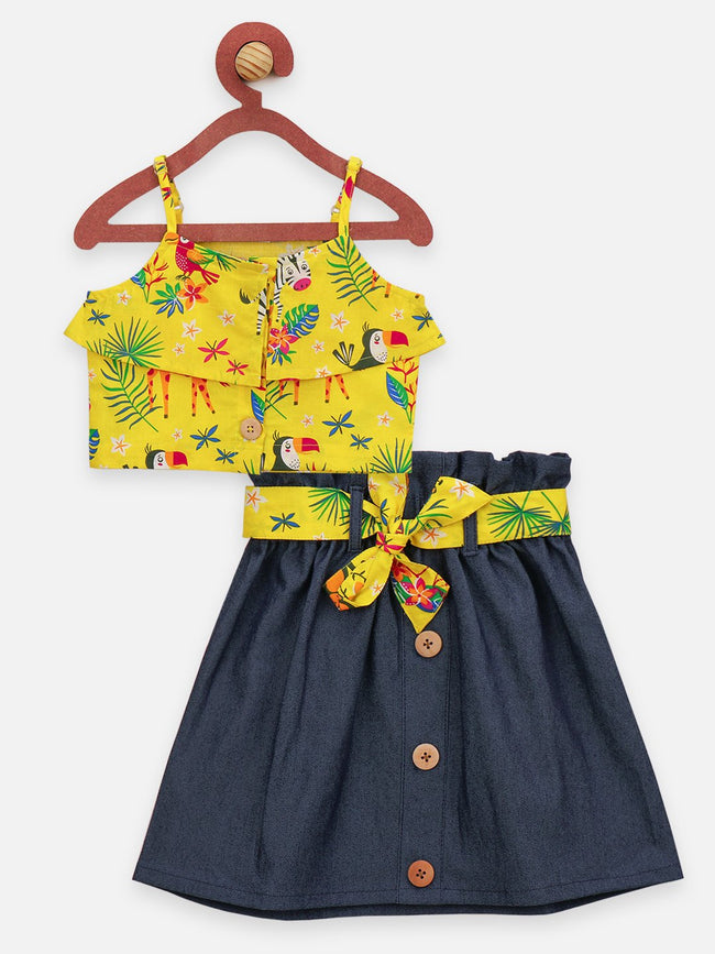 Lilpicks Yellow Funky Jungle Print Sleevless Top And Denim Skirt set