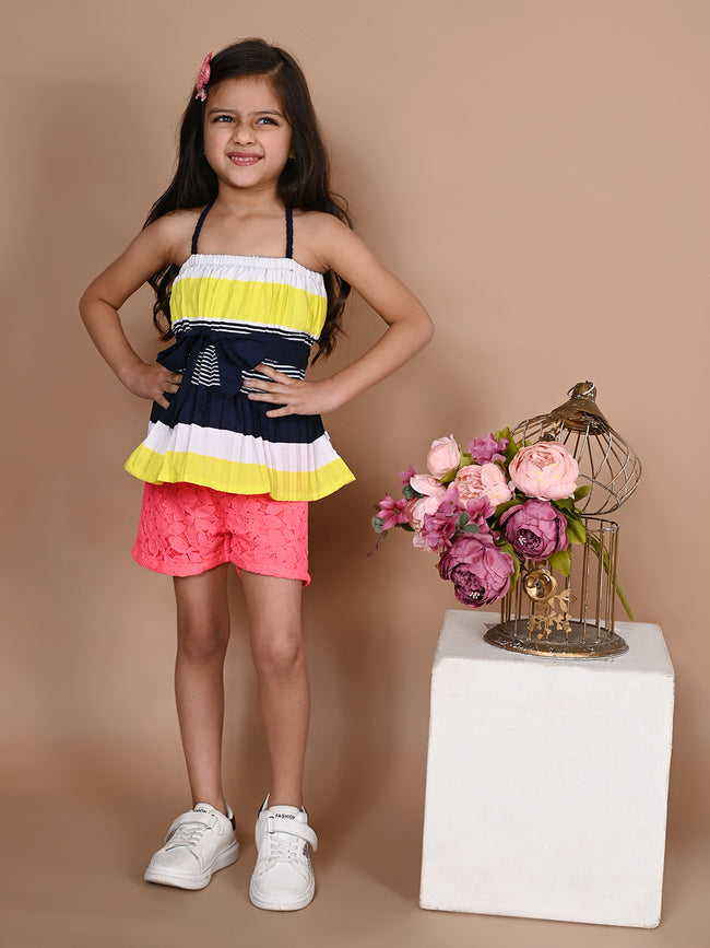 Pleated Striped Strappy Top And Pink Shorts Set