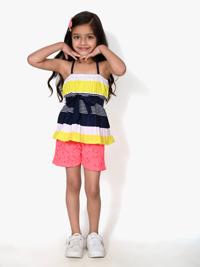 Pleated Striped Strappy Top And Pink Shorts Set