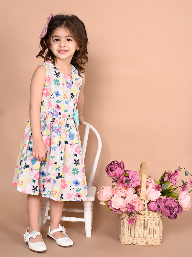 Grey Flower Printed Bow Flared Dress