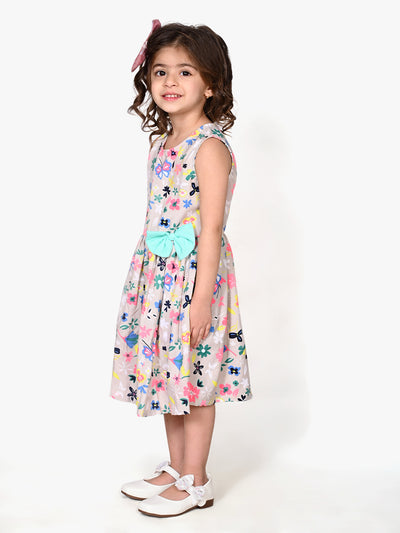 Grey Flower Printed Bow Flared Dress