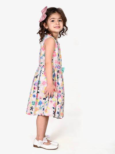 Grey Flower Printed Bow Flared Dress