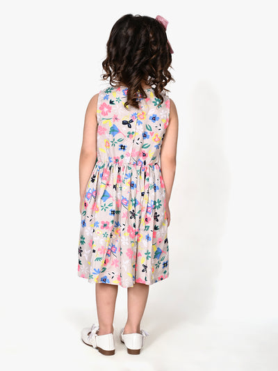 Grey Flower Printed Bow Flared Dress