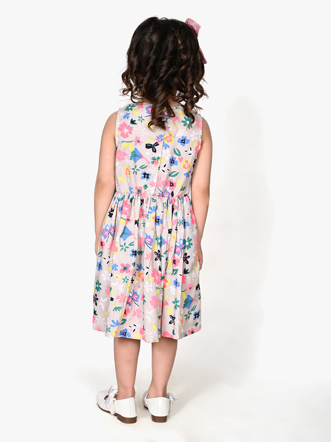 Grey Flower Printed Bow Flared Dress