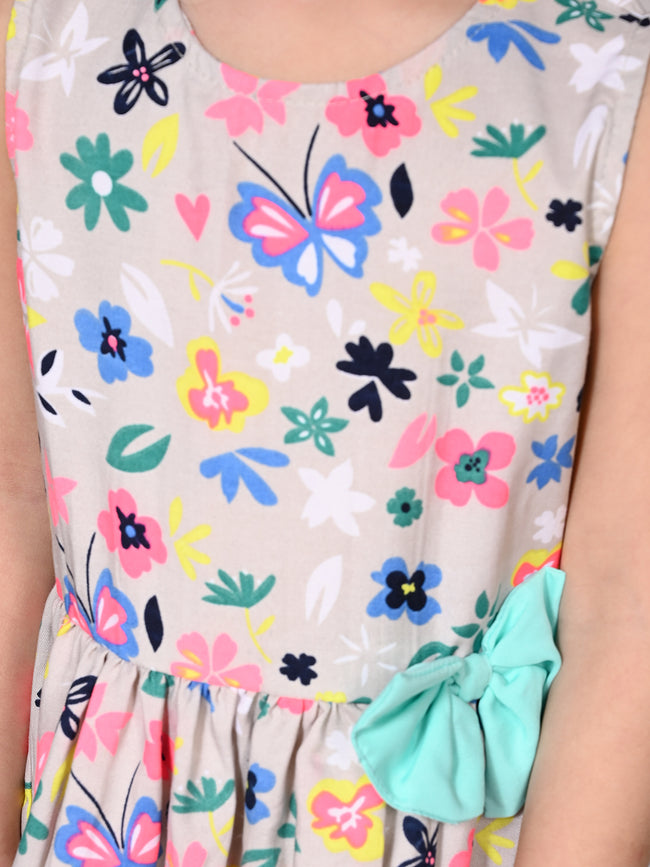 Grey Flower Printed Bow Flared Dress