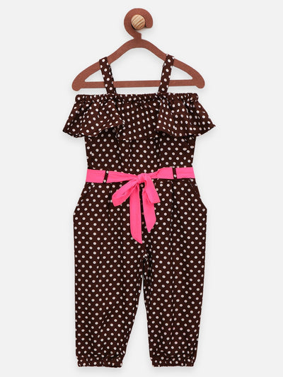 Lilpicks Brown Polka Jumpsuit with Neon Belt