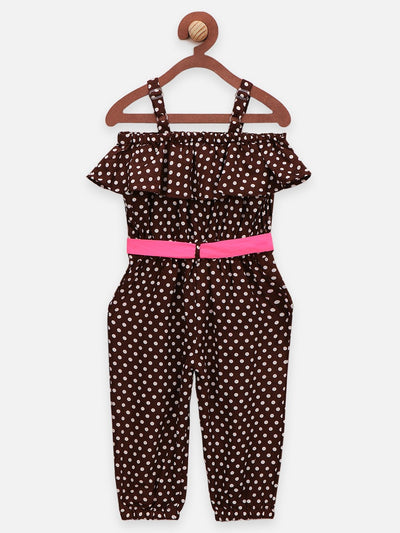 Lilpicks Brown Polka Jumpsuit with Neon Belt