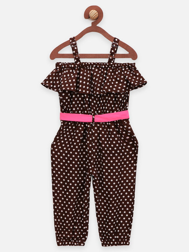 Lilpicks Brown Polka Jumpsuit with Neon Belt