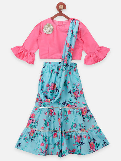 Blue Floral Sharara Saree with Pink Choli