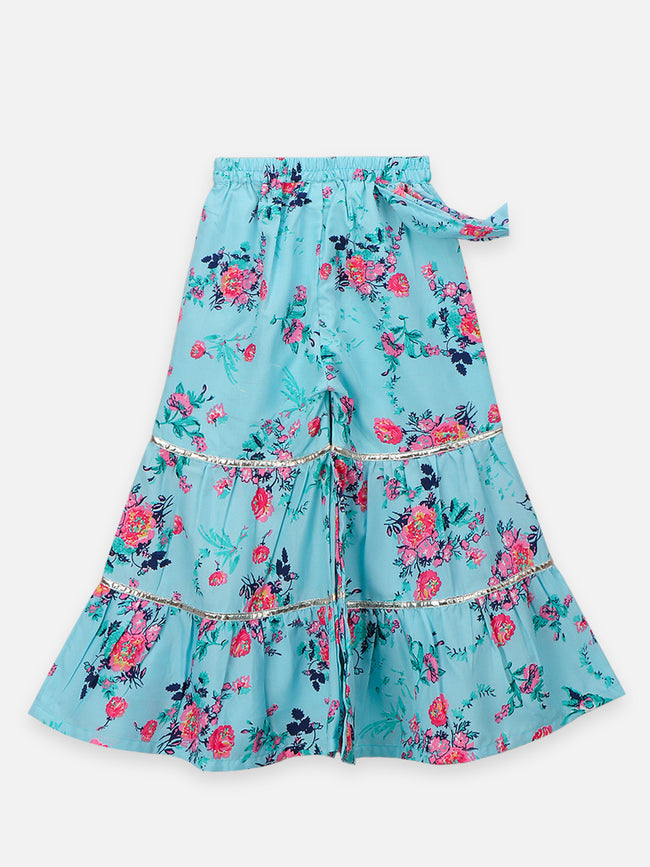 Blue Floral Sharara Saree with Pink Choli