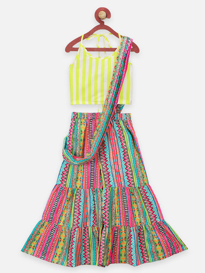 Aztec Print Sharara Saree with Neon Striped Choli