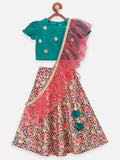 Printed Lehenga with Teal Green Choli and Ruffle Dupatta