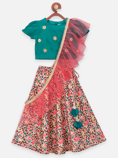 Printed Lehenga with Teal Green Choli and Ruffle Dupatta