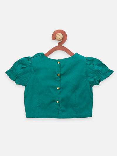 Printed Lehenga with Teal Green Choli and Ruffle Dupatta