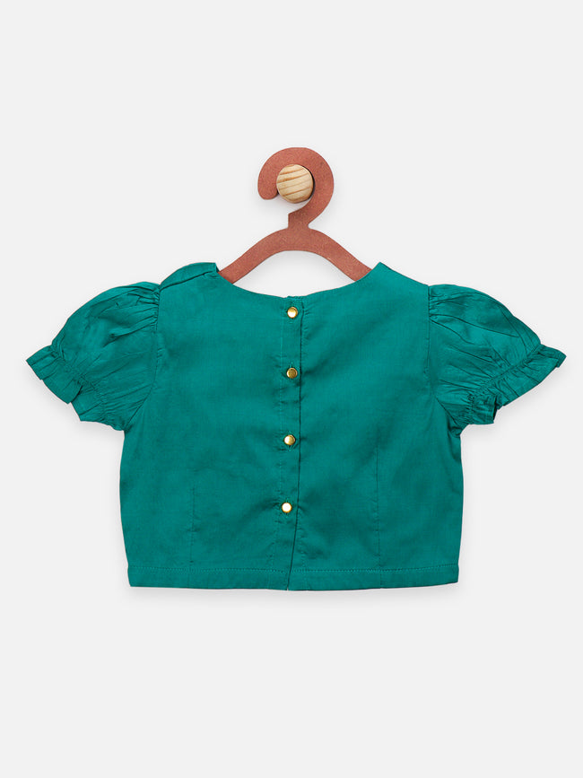 Printed Lehenga with Teal Green Choli and Ruffle Dupatta