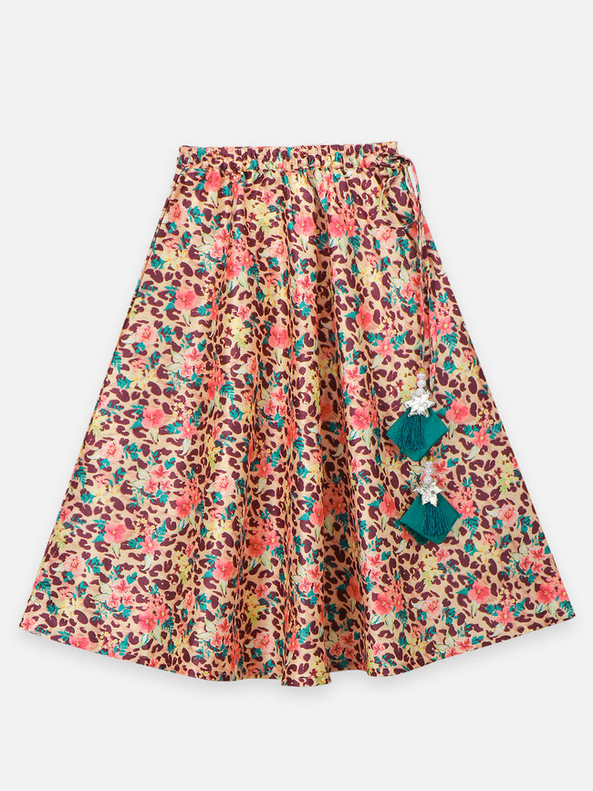 Printed Lehenga with Teal Green Choli and Ruffle Dupatta