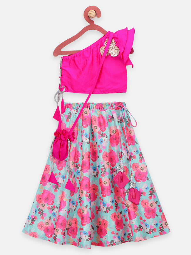 Floral Lehenga with One Side shoulder Choli and Potli