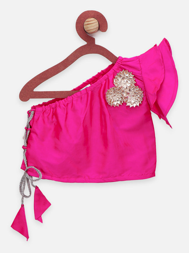 Floral Lehenga with One Side shoulder Choli and Potli