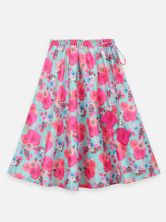 Floral Lehenga with One Side shoulder Choli and Potli