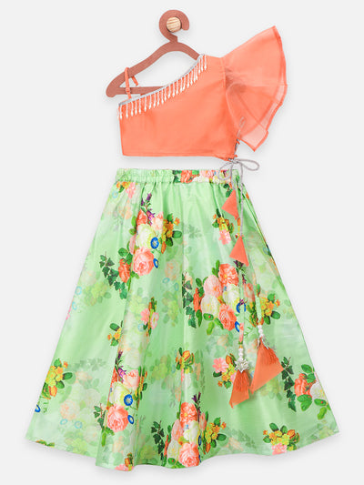 Bright Floral Green Lehenga with Peach One side Shoulder Choli