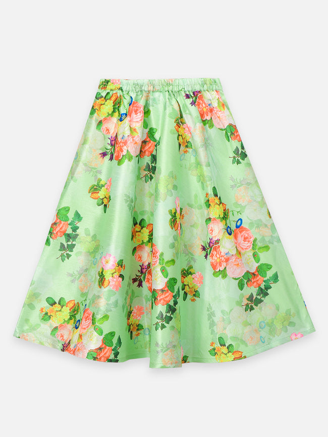 Bright Floral Green Lehenga with Peach One side Shoulder Choli