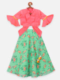 Green Floral Print Lehenga with Elegant Bell Sleeve Blouse