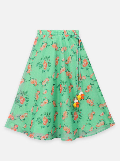 Green Floral Print Lehenga with Elegant Bell Sleeve Blouse