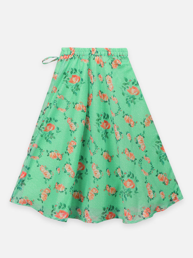 Green Floral Print Lehenga with Elegant Bell Sleeve Blouse