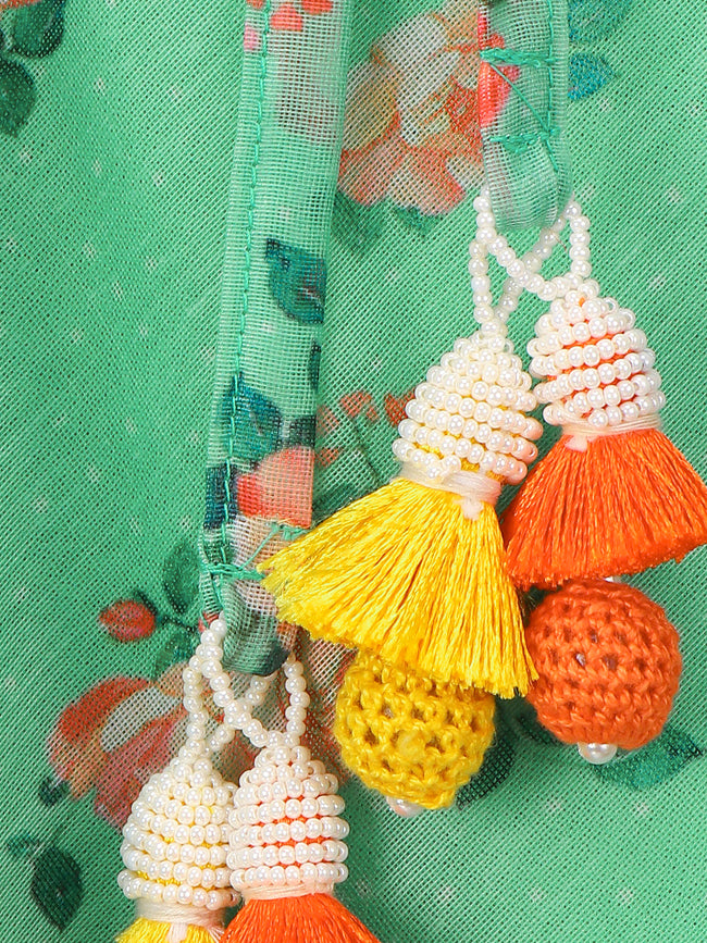 Green Floral Print Lehenga with Elegant Bell Sleeve Blouse