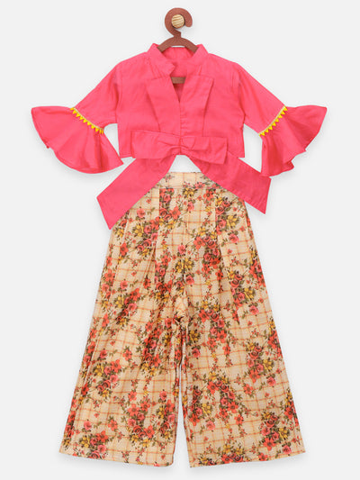 Beige Floral Flared Palazzo with Elegant Bell Sleeve Blouse