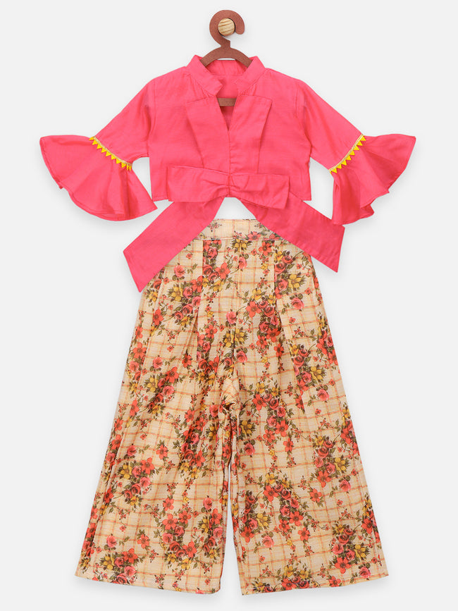 Beige Floral Flared Palazzo with Elegant Bell Sleeve Blouse