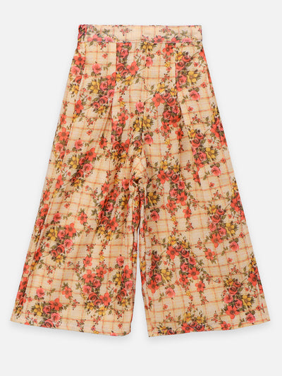 Beige Floral Flared Palazzo with Elegant Bell Sleeve Blouse