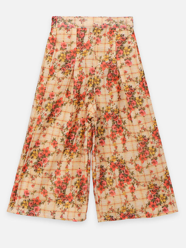 Beige Floral Flared Palazzo with Elegant Bell Sleeve Blouse