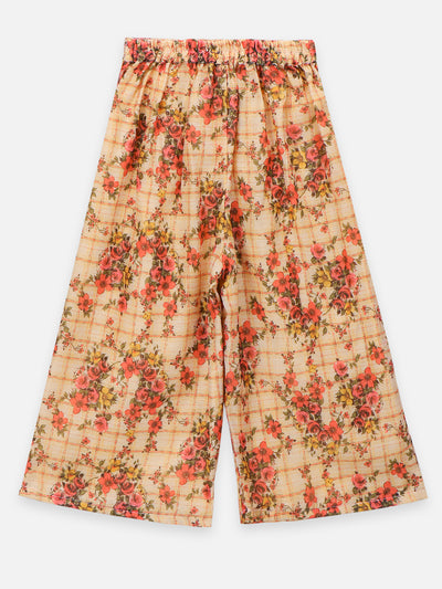 Beige Floral Flared Palazzo with Elegant Bell Sleeve Blouse