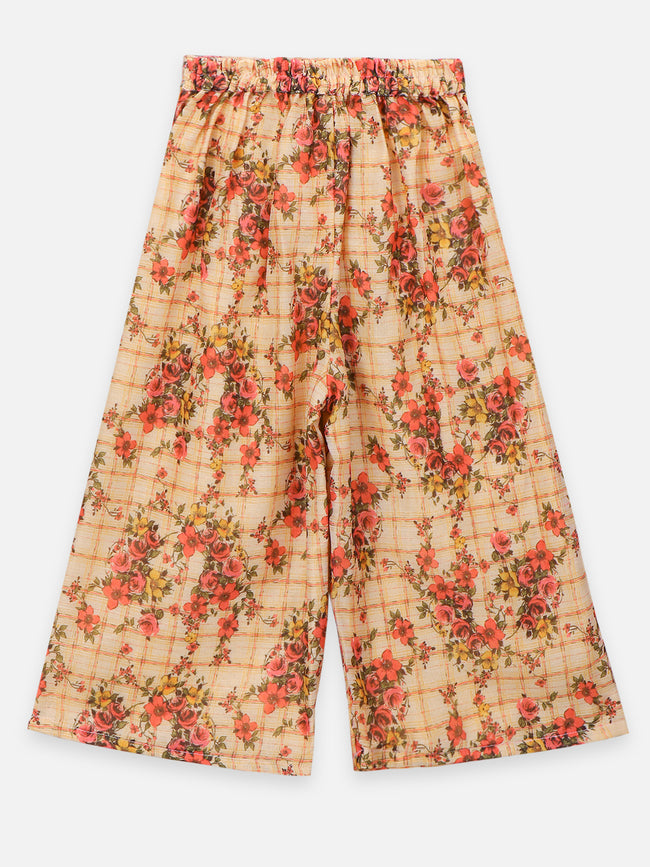 Beige Floral Flared Palazzo with Elegant Bell Sleeve Blouse