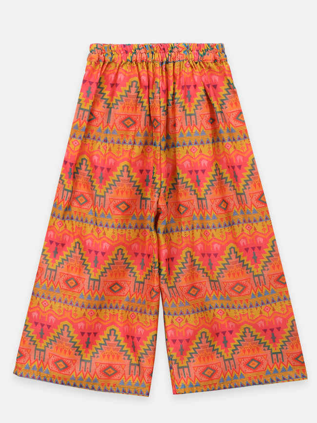 Aztec Print Flared Palazzo with Lime Yellow Flounce Blouse