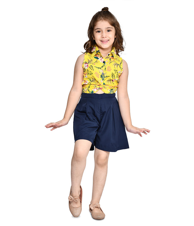 Yellow Navy Knot Style Flared Short Jumpsuit