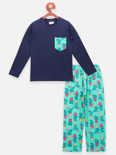 LilPicks Navy Tshirt with Cactus Print Nightsuit