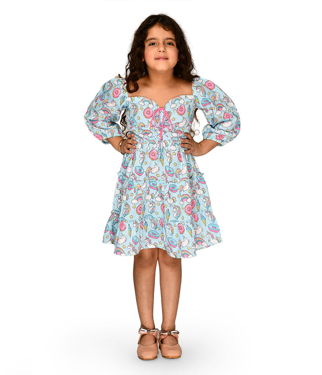 Unicorn Print Sky blue Designer Dress