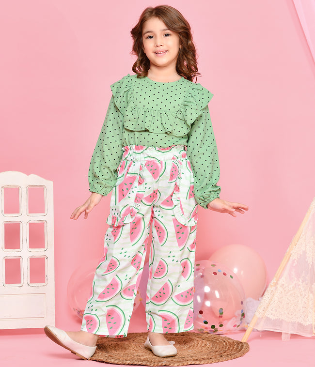 Green Polka Frilly Top with Watermelon Print Palazzo Set