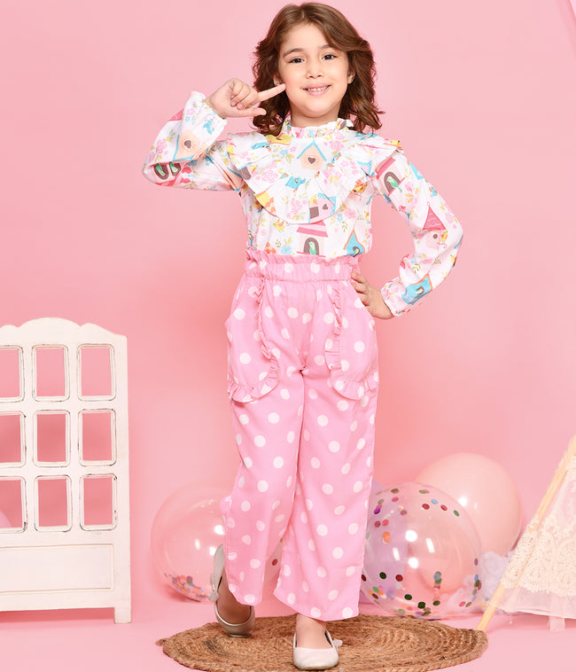 Birds Print Friily Top with Polka Print Palazzo Set