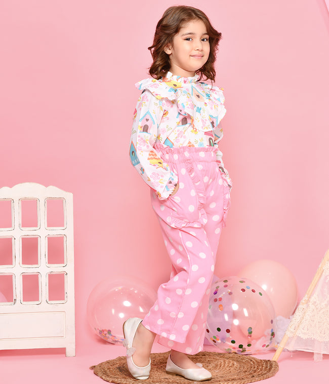 Birds Print Friily Top with Polka Print Palazzo Set