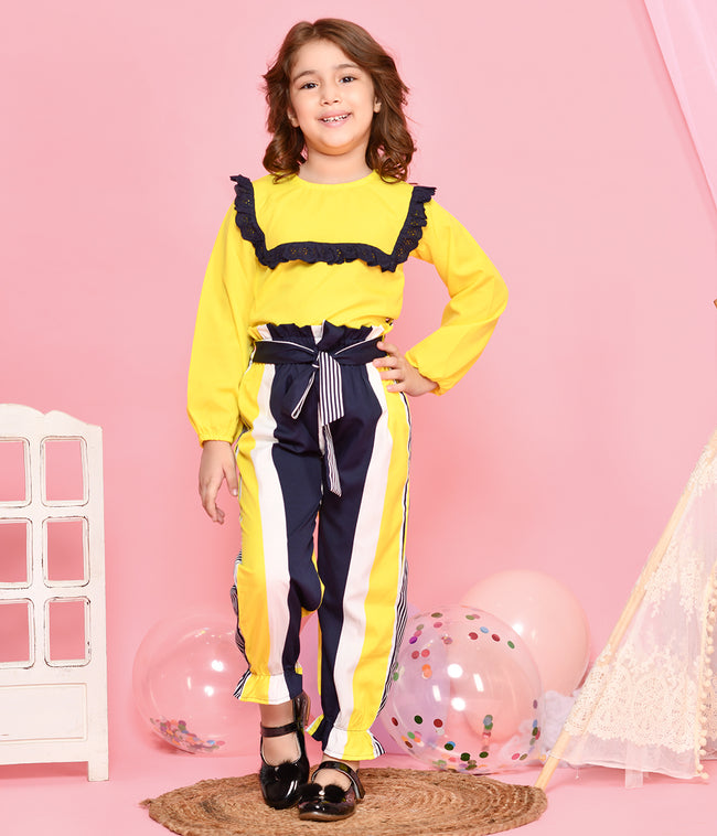 Lacy Top with Stripe Print Jogger style Pant Set