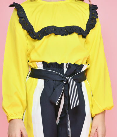 Lacy Top with Stripe Print Jogger style Pant Set