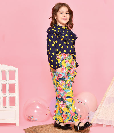 Navy Polka Frilly Top with Floral Print Palazzo Set