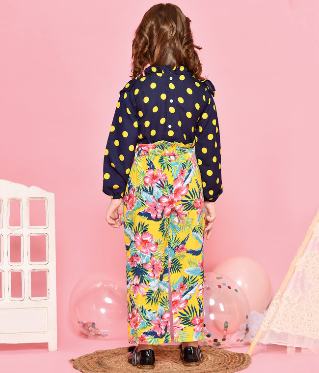 Navy Polka Frilly Top with Floral Print Palazzo Set