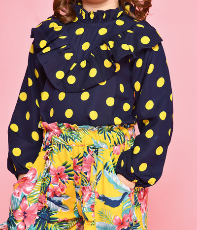 Navy Polka Frilly Top with Floral Print Palazzo Set
